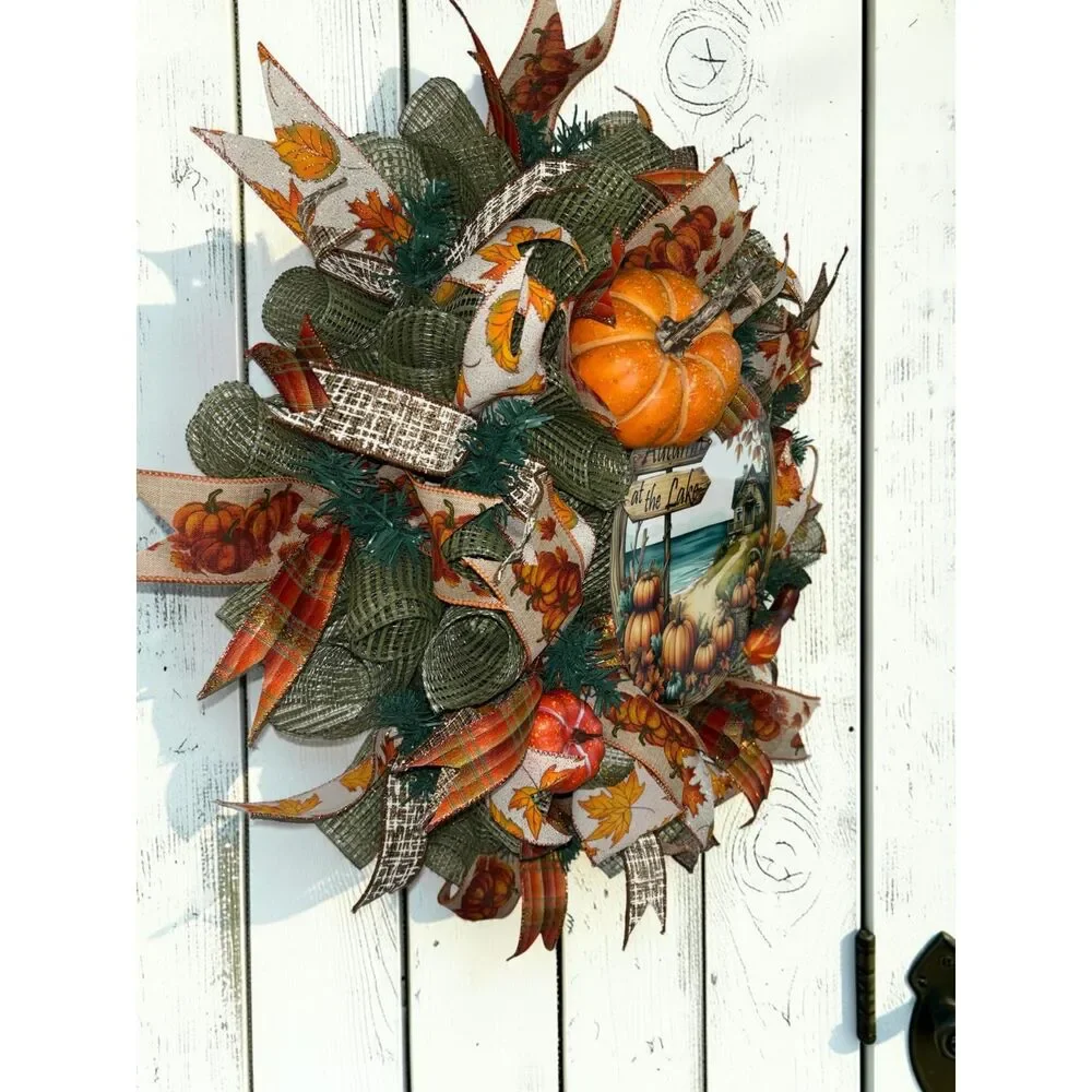 Fall Autumn at the Lake Wreath • Pumpkin Door Wreath • Rustic Fall Decor